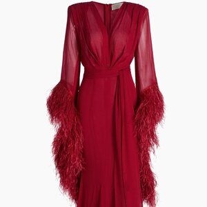 Bronx And Banco Geisha V-neck Feather Gown Red Evening with Feathers - Medium